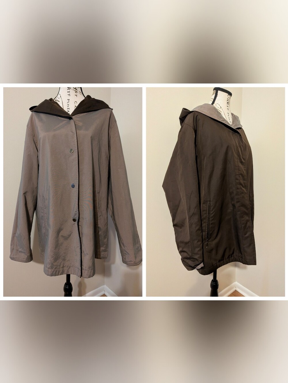 Portrait Women's Reversible Brown Taupe Iridescent Hooded Rain Jacket Mwsium